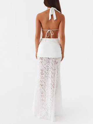Halter Cowl Neck Floral Lace Mermaid Maxi Dress