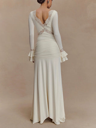 Lace V‑Neck Flare Sleeve Mermaid Maxi Dress