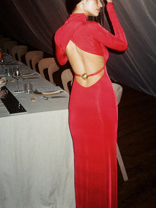 Turtleneck Long Sleeve Back Cutout Maxi Dress
