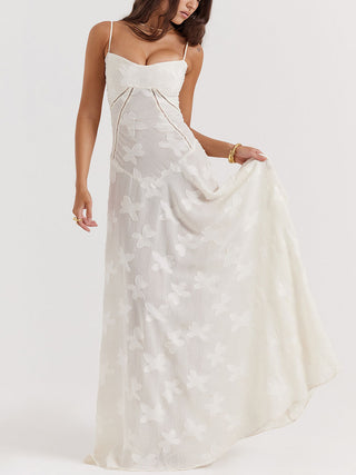 Spaghetti Strap Floral Mesh Lace‑Up Back Maxi Dress