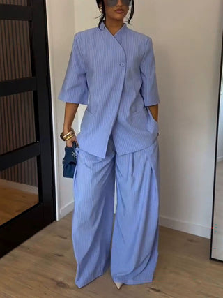 Striped Blazer Wide Leg Pants Two-Piece Set