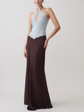 Halter Lace Spliced Floor‑Length Dress