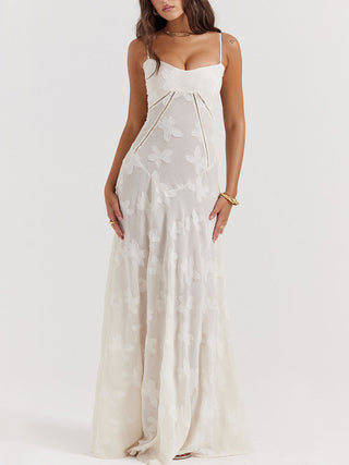 Spaghetti Strap Floral Mesh Lace‑Up Back Maxi Dress