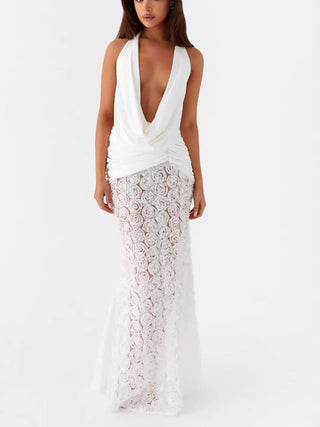 Halter Cowl Neck Floral Lace Mermaid Maxi Dress