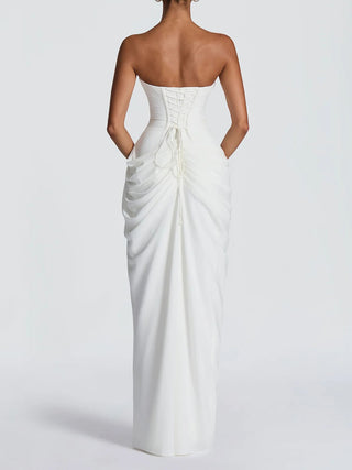 Strapless Draped High Slit Bodycon Maxi Dress