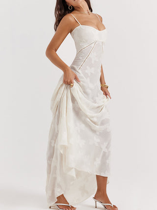 Spaghetti Strap Floral Mesh Lace‑Up Back Maxi Dress