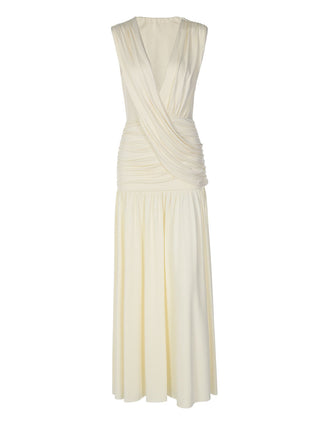 V Neck Sleeveless Ruched Flowy Maxi Dress
