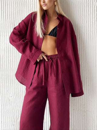 Loose Button Shirt Drawstring Wide Leg Pants Two Piece Set