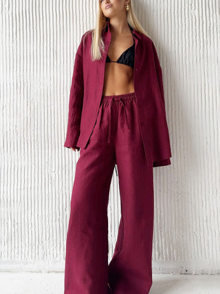 Loose Button Shirt Drawstring Wide Leg Pants Two Piece Set