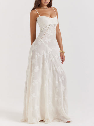 Spaghetti Strap Floral Mesh Lace‑Up Back Maxi Dress