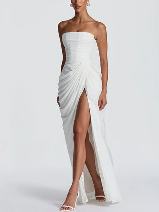 Strapless Draped High Slit Bodycon Maxi Dress