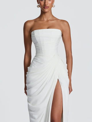 Strapless Draped High Slit Bodycon Maxi Dress