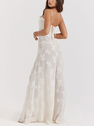Spaghetti Strap Floral Mesh Lace‑Up Back Maxi Dress