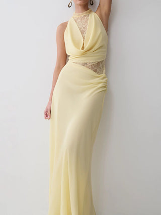 Halter Lace Cutout Draped Mermaid Evening Dress