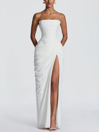 Strapless Draped High Slit Bodycon Maxi Dress