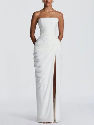 Strapless Draped High Slit Bodycon Maxi Dress