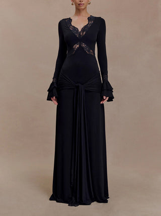 Lace V‑Neck Flare Sleeve Mermaid Maxi Dress