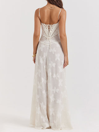 Spaghetti Strap Floral Mesh Lace‑Up Back Maxi Dress