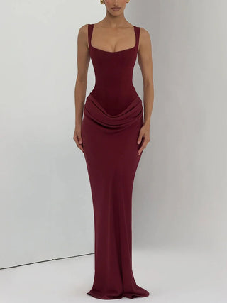 Square Neck Corset Draped Mermaid Maxi Dress