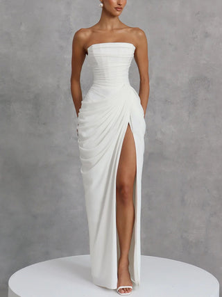 Strapless Draped High Slit Bodycon Maxi Dress