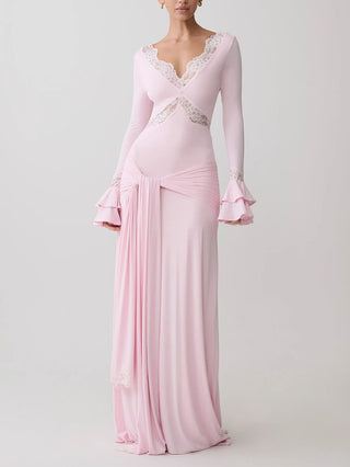 Lace V‑Neck Flare Sleeve Mermaid Maxi Dress