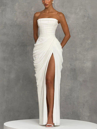 Strapless Draped High Slit Bodycon Maxi Dress