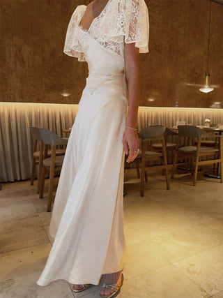 Lace Flutter Sleeve Satin Midi Slip Dress