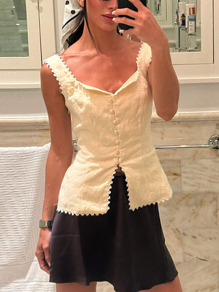 Lace Trim Button Front Sleeveless Corset Top