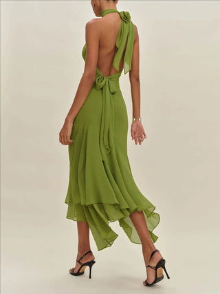 Halter Neck Cutout Bow Decor Irregular Hem Midi Evening Dress