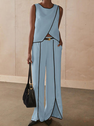 Contrast Trim Sleeveless Top Slit Pant Two Piece Set