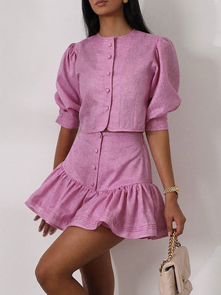 Puff Sleeve Crop Top Ruffle Skirt Two Piece Set
