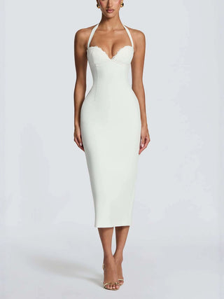 Halter Lace Bust Corset Back Bodycon Midi Dress