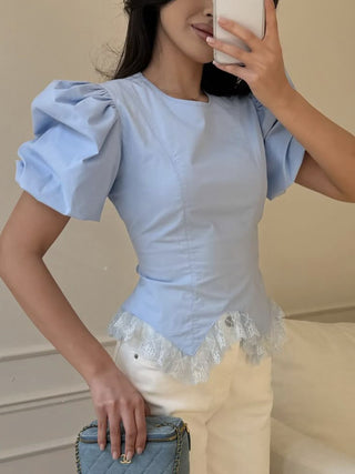 Puff Sleeve Lace Trim Irregular Hem Blouse