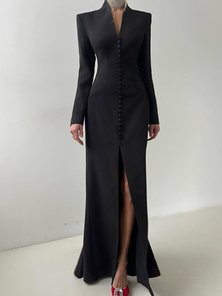 Stand Collar Button Front Slit Maxi Dress