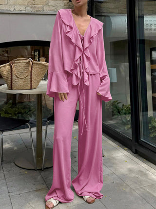 Ruffled Tie Blouse Wide Leg Pants Two Piece Set