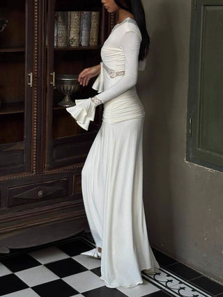 Lace V‑Neck Flare Sleeve Mermaid Maxi Dress