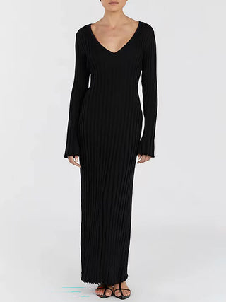V‑Neck Long Sleeve Ribbed Knit Midi Dress