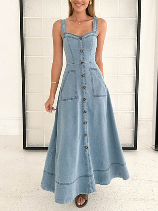 Square Neck Button Front Denim Midi Dress