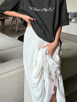 Lace Trim Irregular Hem Flowy Maxi Skirt