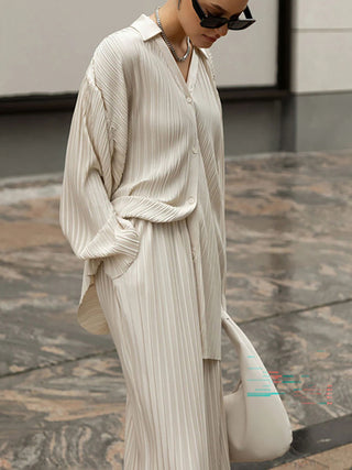 Pleated Shirt Split Wide Leg Pants Two Piece Set