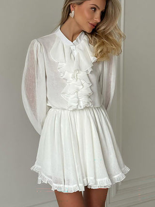 Ruffle Neck Puff Sleeve Mini Dress
