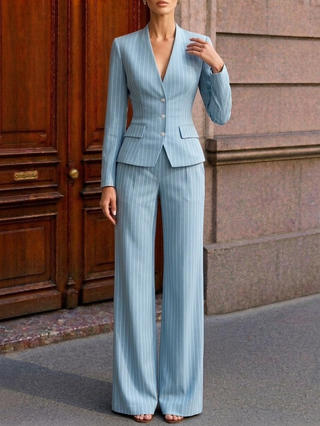 Tailored Pinstripe Blazer With Wide‑Leg Trousers Two Pieces Suit