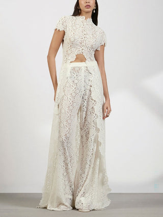 Lace Cutout Top Wide Leg Pants Set