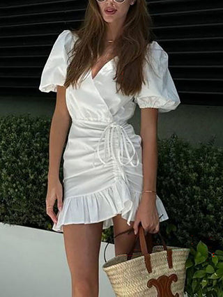 Puff Sleeve V Neck Ruched Ruffle Wrap Mini Dress