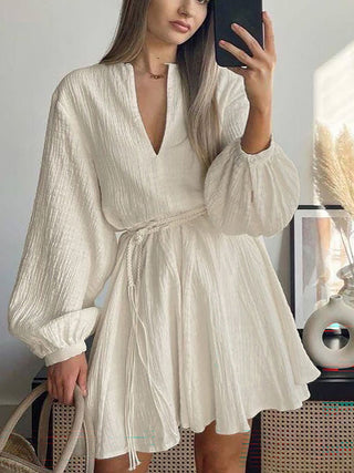 V-Neck Puff Long Sleeve Belted Casual Swing Mini Dress