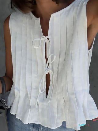 Sleeveless Pleated Lace-Up Blouse Top