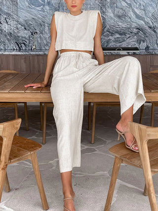 Sleeveless Crop Top Drawstring Wide Leg Pants Set