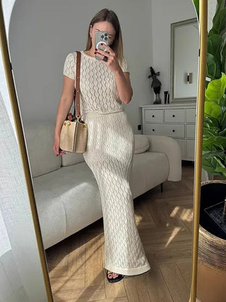 Knitted Short Sleeve Top Midi Skirt Two Piece Outfit