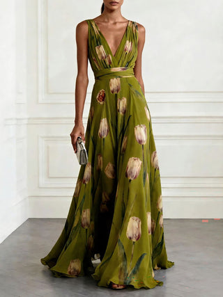 Tulip Print V Neck Sleeveless Maxi Dress