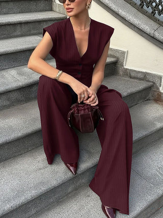 Women Striped Vest Wide Leg Pants Two Piece Outfit